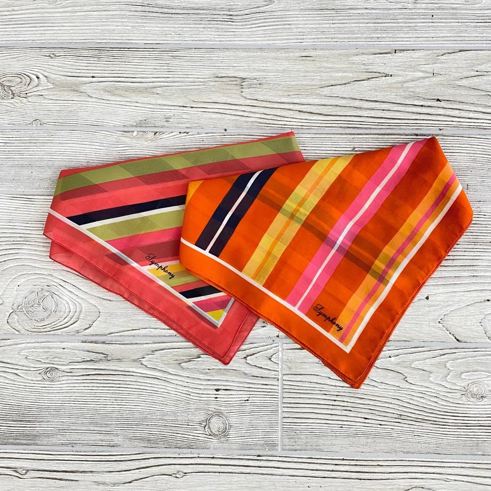 Set of 2 Vintage Bright Color Symphony Square Scarves (BMH)
